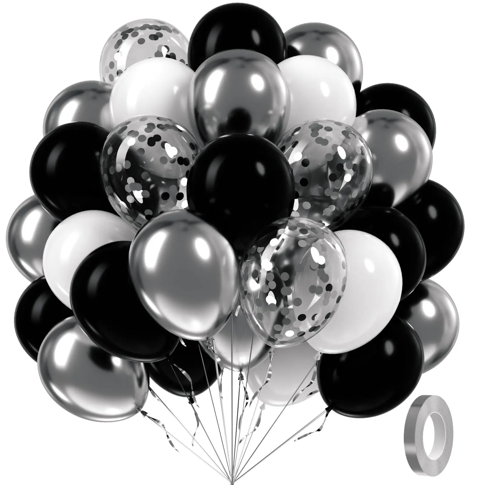 60 Black And Silver Balloons, 12 Inches, Balloon Set, Metallic Latex Balloons, Balloon Party Supplies, Black And White Balloons With Metallic Silver Sequins, Suitable For Baby Showers, Weddings, Birthdays, Graduation Party Decorations.