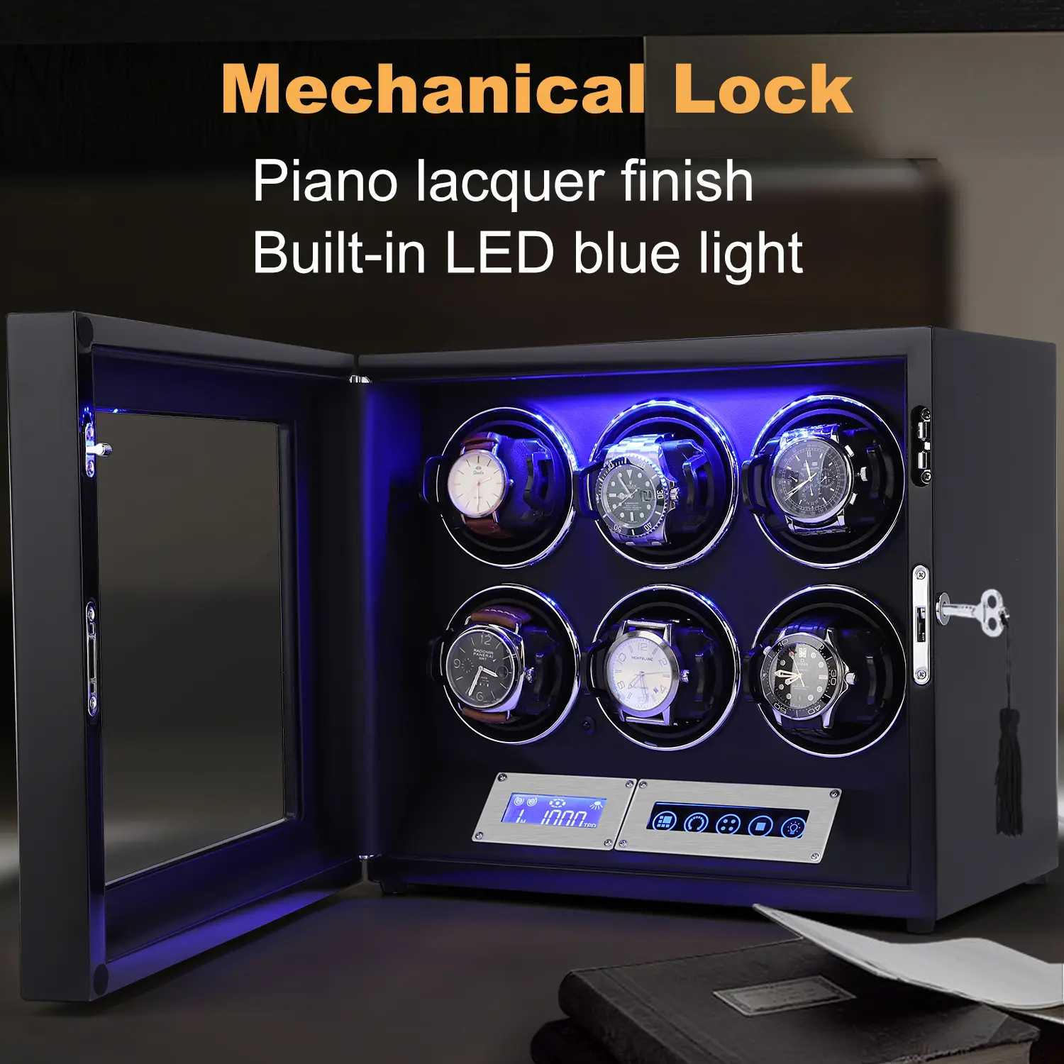 LELTNSOU 6-Watch Winder Box storage box、miraculous jewelry box set – Key Lock, Touch Screen Control, LED Light, Quiet Motor for Automatic Watches Stainless Strap Modern
