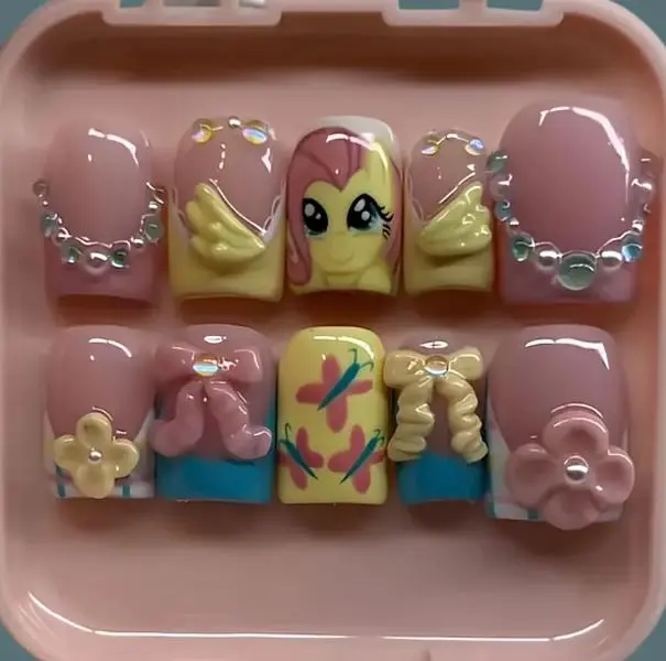 Hand Painted Pinkie Pie Press On Nails | Kawaii Rainbow Angel Set | Pastel Cartoon Press On Nails