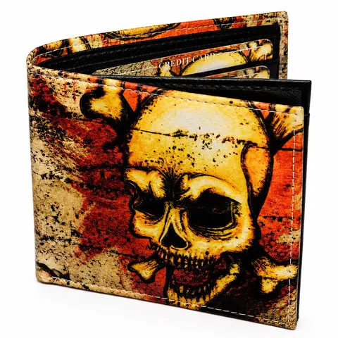 Leatherboss Men's Durable Bifold Wallet - Retro Exotic Skull Motif Street Style, Edgy Look, ID Window, Slim Pocket-Friendly Cardholder, Gift Box-Included Holiday Birthday Unique Gifts for Boyfriend (Trifold Option)