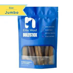 Jumbo Size (6" 6-Pack)-Bully Sticks for Dogs  Rawhide Free Long Lasting Chews 100% Beef Organic Grain-Free Low Odor for Large Dogs