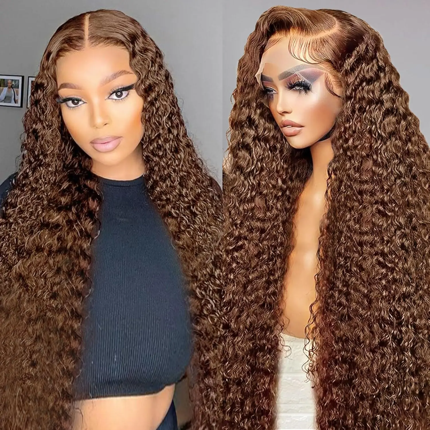 Chocolate Brown Deep Wave Lace Front Wigs Human Hair 13x6 180 Density Deep Curly Human Hair Wigs for Women HD Transparent Lace Frontal Wet and Wavy Wigs Pre Plucked 100% Virgin Hair