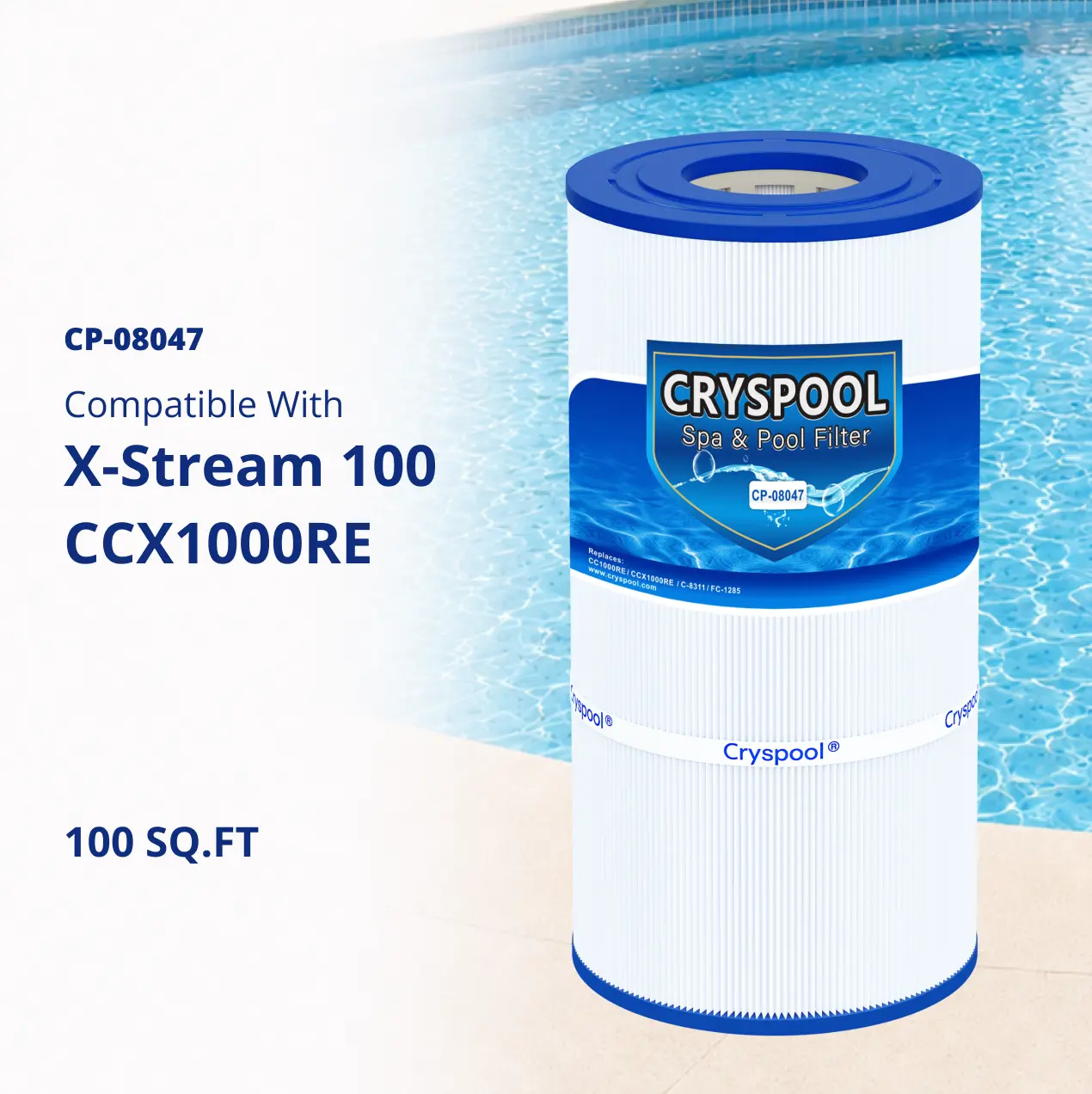 Pool Filter Compatible with CCX1000RE (CC 1000E), X-Stream CC1000RE, Pleatco PXST100, Unicel C-8311, Filbur FC-1285,  Cryspool 100 Sq.ft Pool Filter Cartridge, 1 Pack