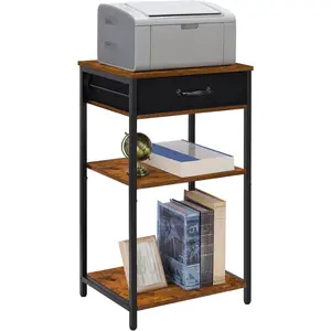 Printer Stand Table with Storage Drawer 3 Tier Industrial Printer Table Office Small Side Table with Storage Shelf for Home Office Fax Machine Scanner, Brown&Black