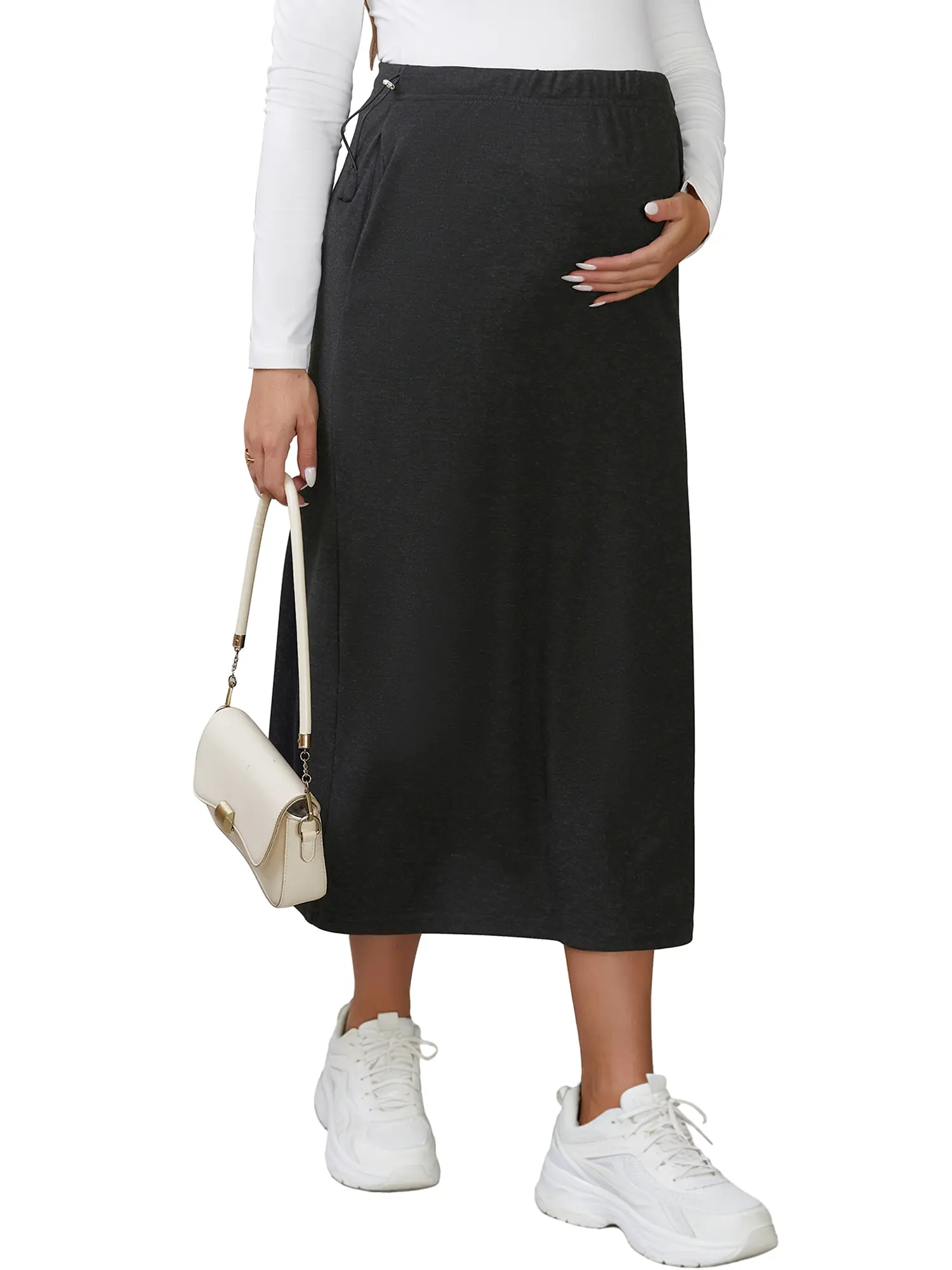 INSPIRE CHIC Women's Business Maternity Skirts Straight Casual Over the Belly Stretchy Knit Midi Pregnancy Skirt