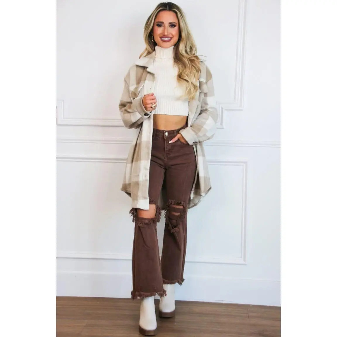 Settle the Score Shacket: Taupe/Cream