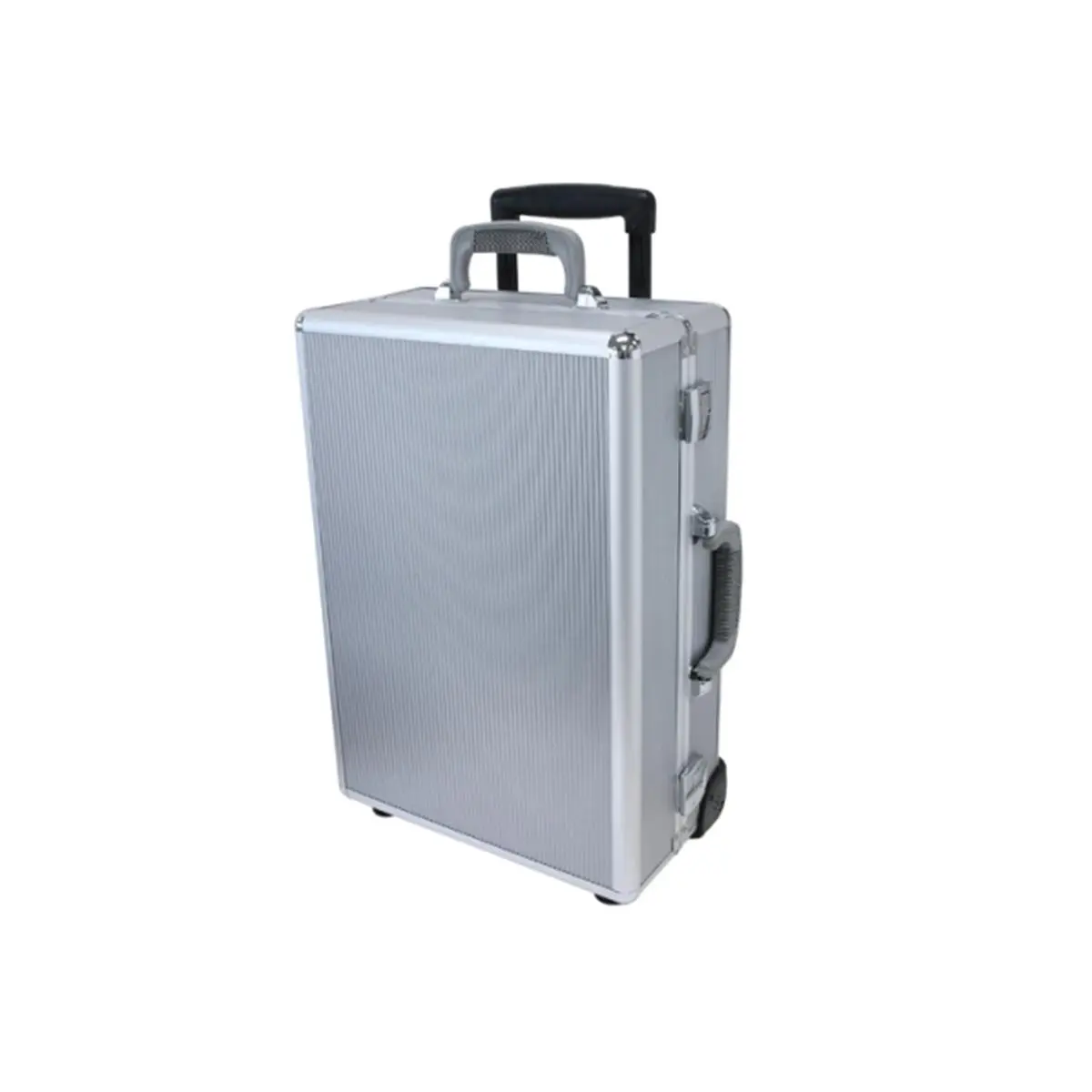 TZ Case Wheeled Laptop Organizer Case for Adults - Silver Stripe Panels, Aluminum, Carry-On Size (7" H x 14" W x 19.5" L), Pull-Up Handle Wheels, Removable Dividers, 2 Key Lock Latches, 12 lbs Capacity, Built-In Organizer, Padded Interior