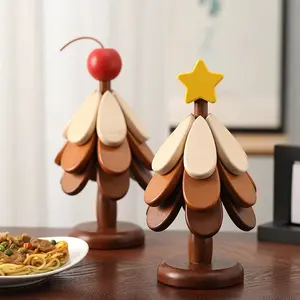 LIVOA Wooden Christmas Tree Trivets Set of 3 for Hot Dishes & Bowls Heat-Resistant Coasters for Teapots & Plates Festive Holiday Table Decor Wood Material Christmas Tree Shapes