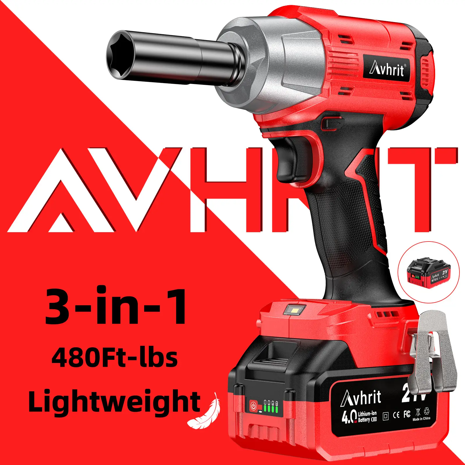 Avhrit Cordless Brushless Battery Powered Impact Wrench Gun 1/2 inch, 1/2 drive w/ 4.0Ah Battery, 4 Sockets, 6 Screws, 8 Drill bits, Fast Charger, Ele