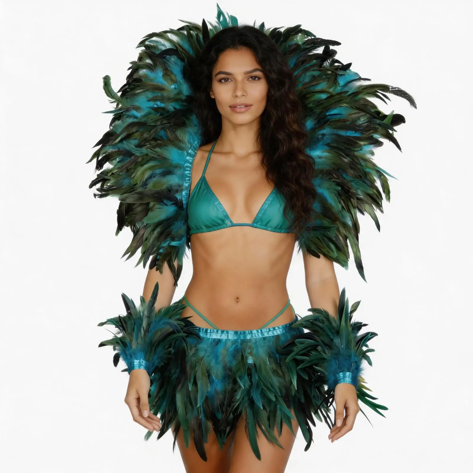 Women's Real Feather Carnival Costume Pro - Multicolor Large Feather Cape Cloak and Shorts Outfit for Rio Style Festival Party
