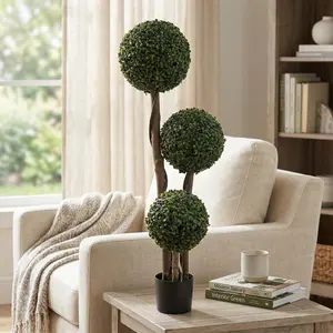 3ft Artificial Triple Ball Boxwood Topiary Tree, UV Resistant Faux Greenery Shrubs in Pot, Realistic Milan Grass Fake Plant, Maintenance-Free Indoor Outdoor Decor for Home, Porch, Patio & Garden