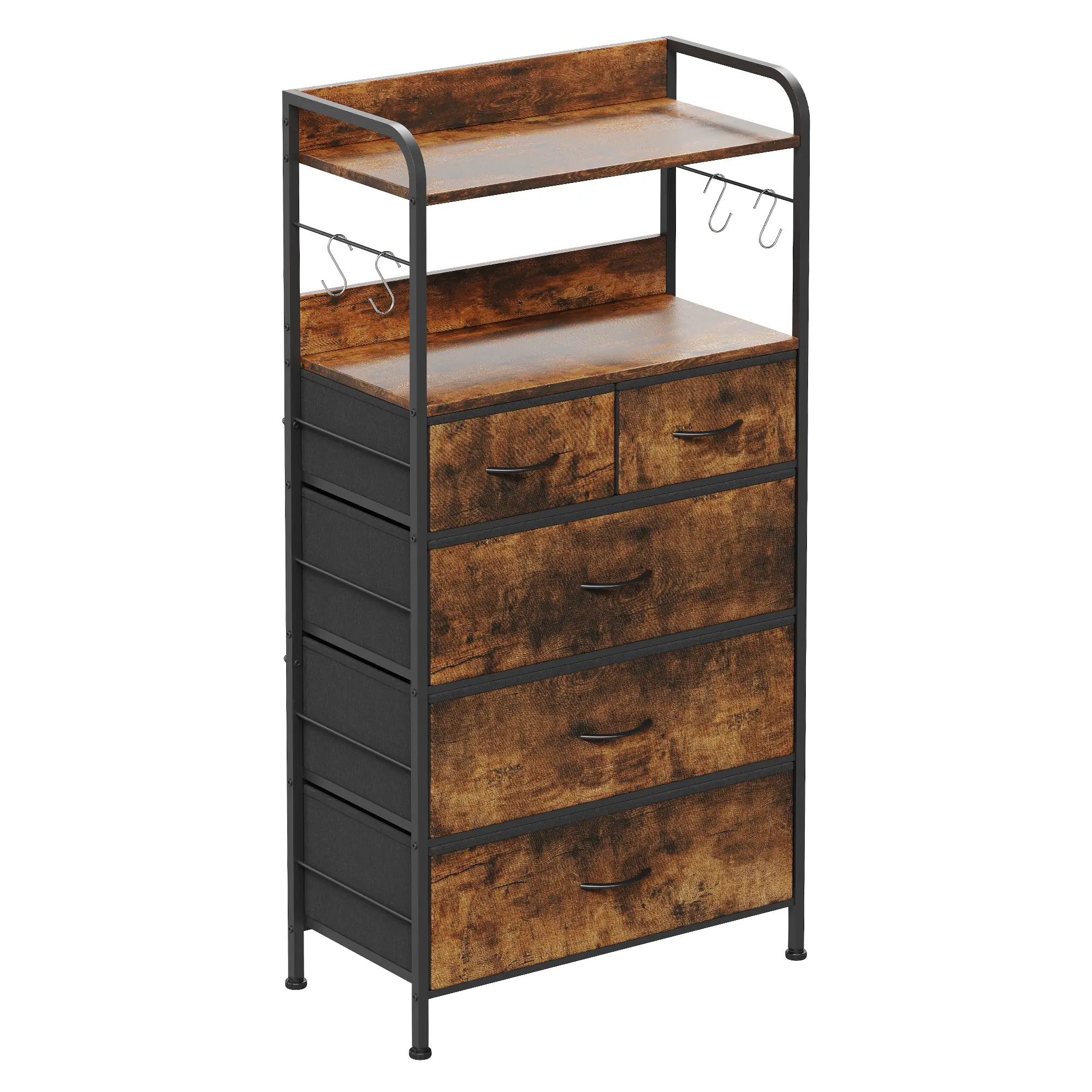 5 Drawer Dresser for Bedroom, Vertical Dresser with Fabric Drawers and Open Shelves, Storage Organizer with Hanging Racks for Living Room, Small Space, Adjustable Feet, Five Drawers