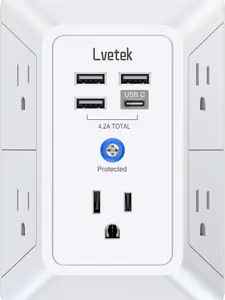 Outlet Extender Multi Plug Wall Outlets with 4 USB Charging Ports (1 USB C Outlet), 3 Sided 1680J Surge Protector Power Strip USB Wall Charger for Home, Office, Travel, ETL Listed, White