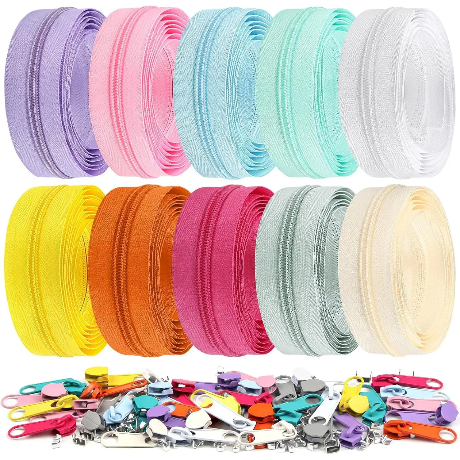 22.2 Yards/ 20 m 10 count Assorted Colors #5 Nylon Coil Zippers, Sewing Zippers Endless Zips with 40 count Zipper Sliders Zip Heads for Sewing Tailor Craft Supplies