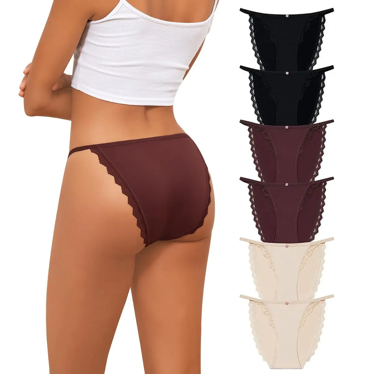 LEVAO Women's Cotton String Bikini Panties, 6 Pack Sexy Lace Cheeky Hipster, Low-Rise Seamless No Tags, Lacy, Cheeky Bikini Cut, Panty