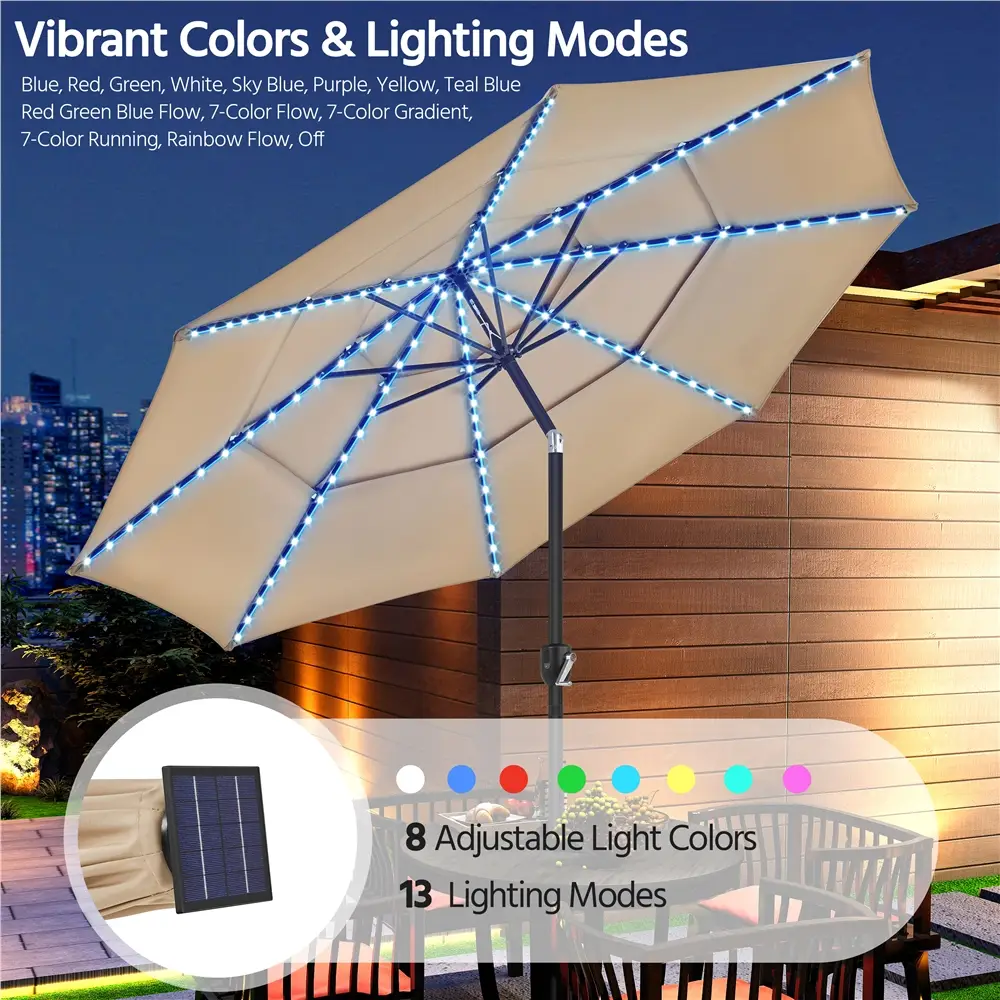 【Adjustable Color and Angle】Yaheetech 10ft 3-Tier Solar Patio Umbrella, Outdoor Large Market Table Umbrella Double-layer Cloth, Push-button Tilting