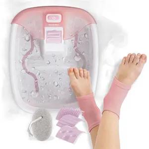 Bubble Bliss® Deluxe Footbath Gift Set – Heated Foot Spa with Invigorating Bubbles, 3 Massage Attachments, Pumice Stone, Moisturizing Heel Socks & Splash Guard for Ultimate Relaxation Pink
