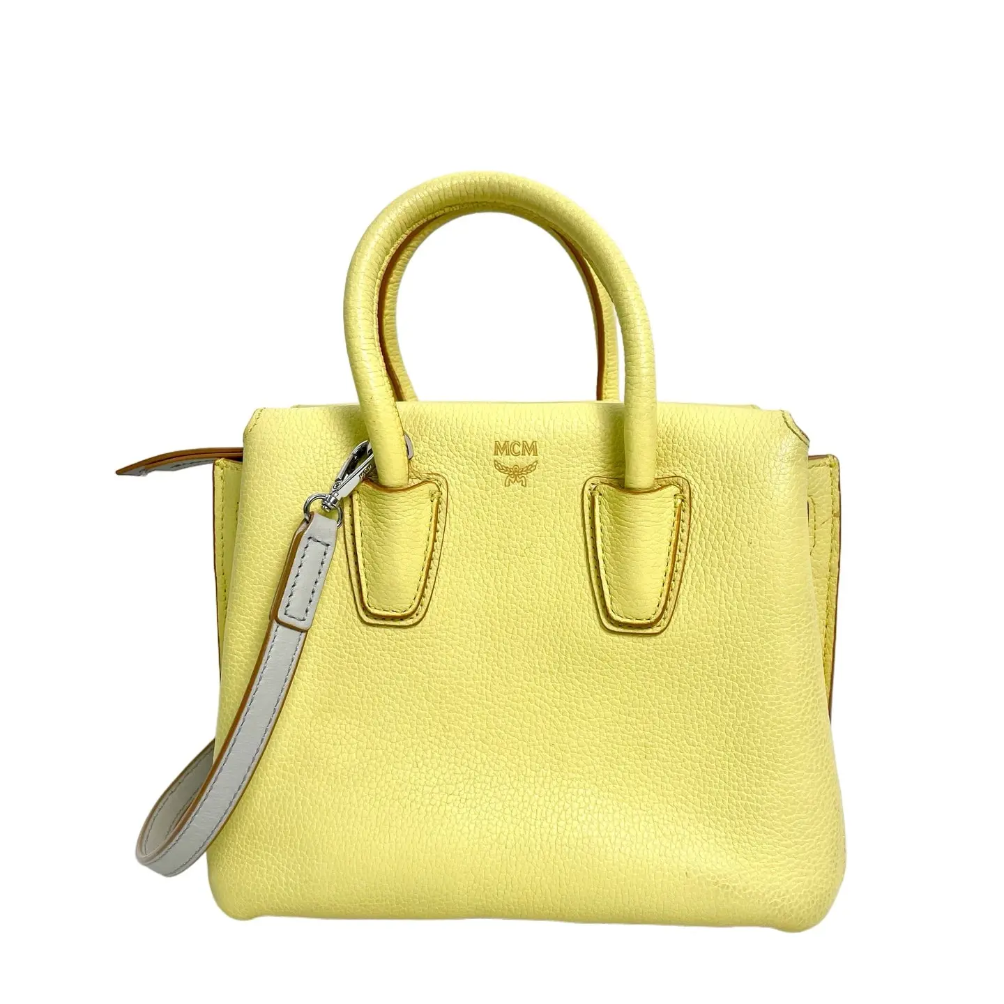 Pre-owned leather hand bag Luxury MCM Milla Pebbled Top Handle Tote Bag Lemon Yellow, Safe, Resale Luxury