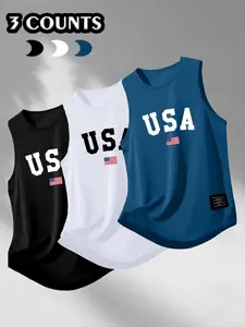 Men's Summer Casual Graphic Print Sleeveless Vest, Fitted Knit Fabric, Moderate Thickness, Age 13-17, China Origin, Non-Sensitive Goods, Style: Casual