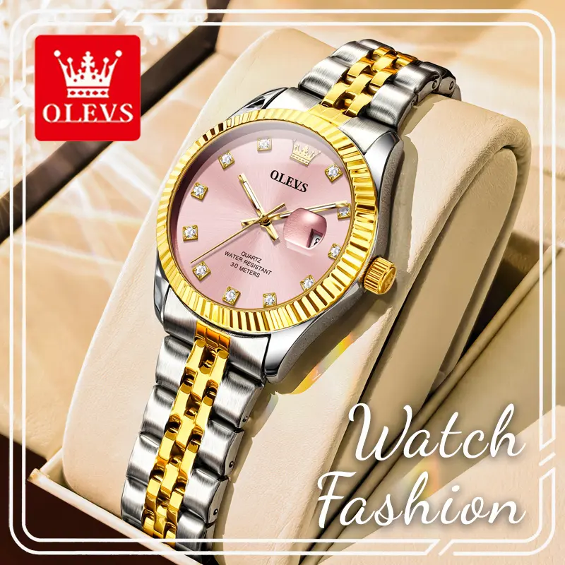 OLEVS 3705 Women's Quartz Watch, 30.5mm Petite Pink Dial, Rose Gold Two-Tone Bracelet, Glow-in-the-Dark, Date Display, Water Resistant, Daily & Social Wear, Ideal Gift for Her