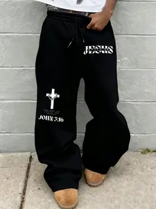 Men's Wide Leg Sweatpants, Jesus Saves Slogan, Cross Bible Print, Faith Street Style, Fleece Fabric, Casual All Seasons Wear, Affirmation Sweatpants