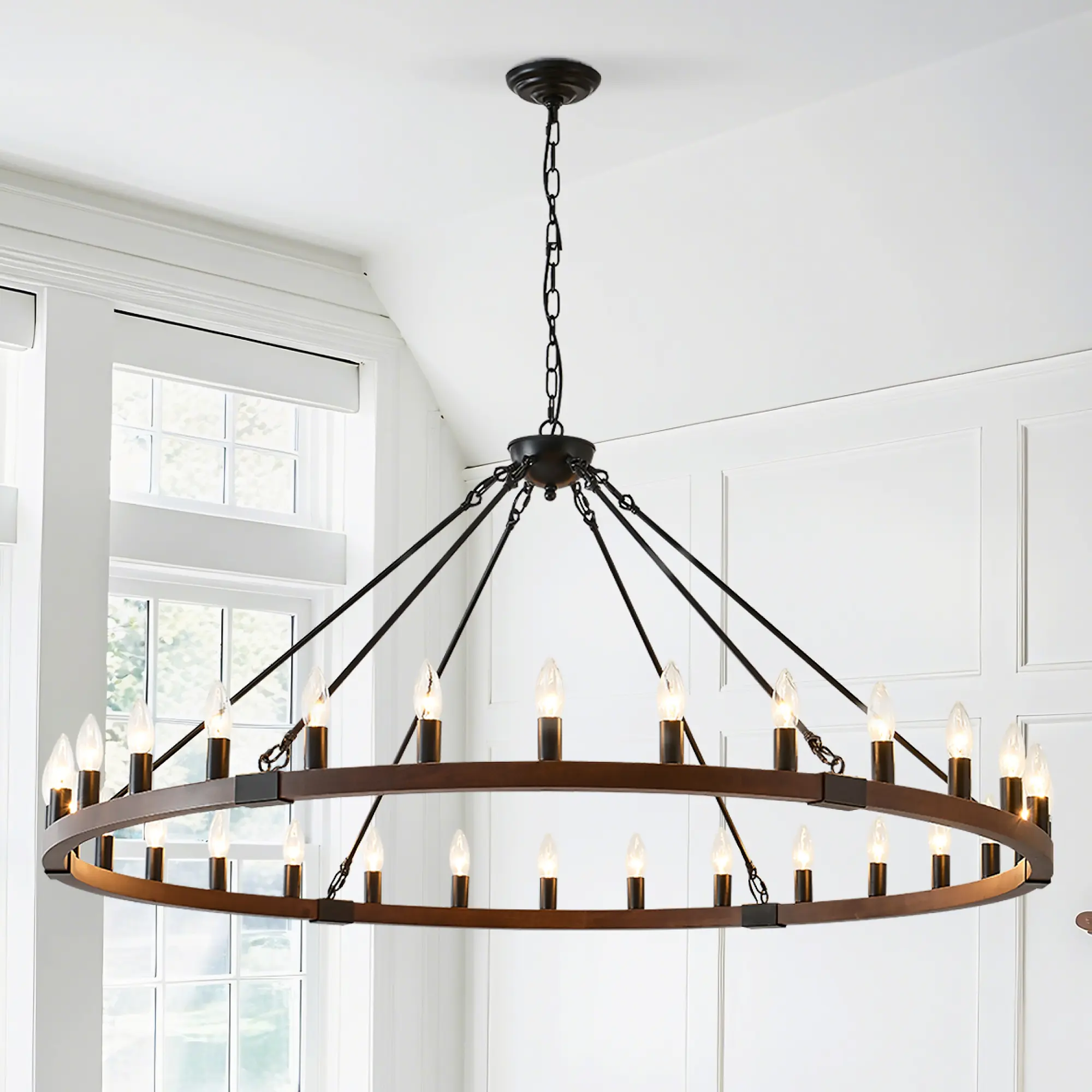 30-Light Wagon Wheel Farmhouse Modern Matte Black & Wood Chandelier Light Fixture, Adjustable Hanging Ceiling Light for Dining Room Kitchen