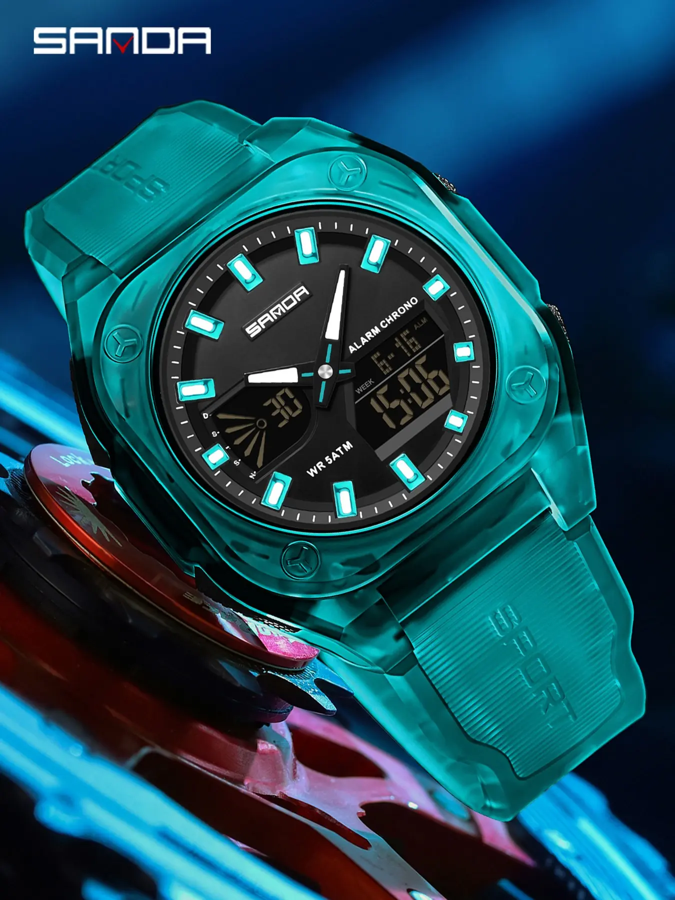 Sanda 6268 Square Sport Watch, Dual Display, Analog Digital Wristwatch, 50m Waterproof, Lightweight Watch, Dual Mechanism Dual Screen Square Wristwatch, Sports Electronic Watch, Waterproof Watches, Water Resistant Wristwatch
