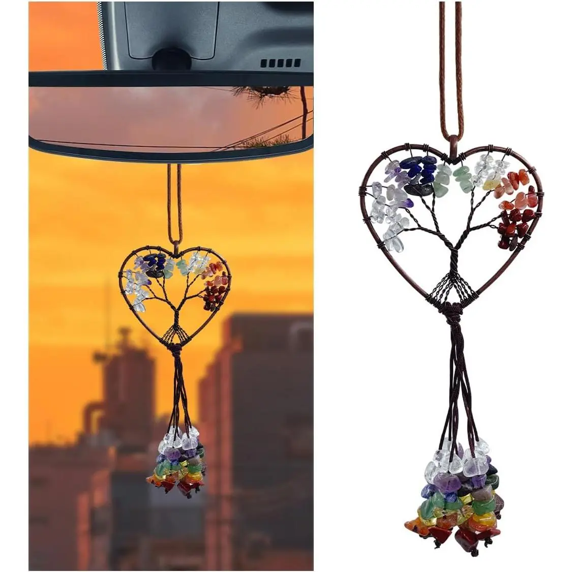 Chakra Colored Stones Car Rear View Mirror Charm, Handmade Auto Mirror Hanging Accessories, Crystal Tree of Life Car Ornament, Lucky Auto Interior Decoration Pendant for Women Men (Heart Shape)