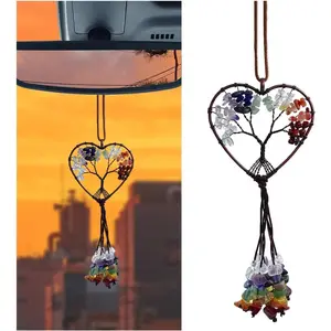 Chakra Colored Stones Car Rear View Mirror Charm, Handmade Auto Mirror Hanging Accessories, Crystal Tree of Life Car Ornament, Lucky Auto Interior Decoration Pendant for Women Men (Heart Shape)