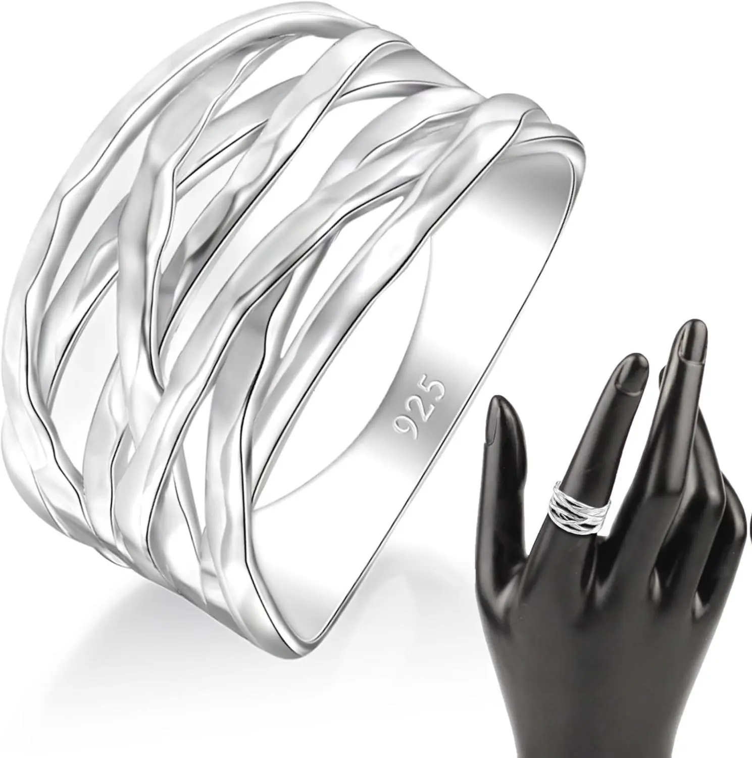 MINDDHA Overlapping Rings for Women - Designer Criss Cross Rings - 925 Sterling Silver Wide Band Ring, Criss Cross Silver Rings for Women - Made in Israel Jewelry, 12mm Width - Available in Sizes 4-12