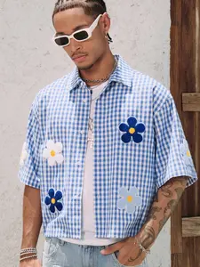 Unisex Blue & White Gingham Flower Towel Embroidered Oversized Short Sleeve Shirt | Vintage Clean Fit Casual Button-Up