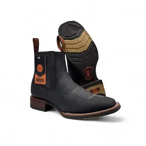 Men’s Handcrafted Square Toe Botin Black – Leather Short Cowboy Boot with Lightweight Rubber Sole