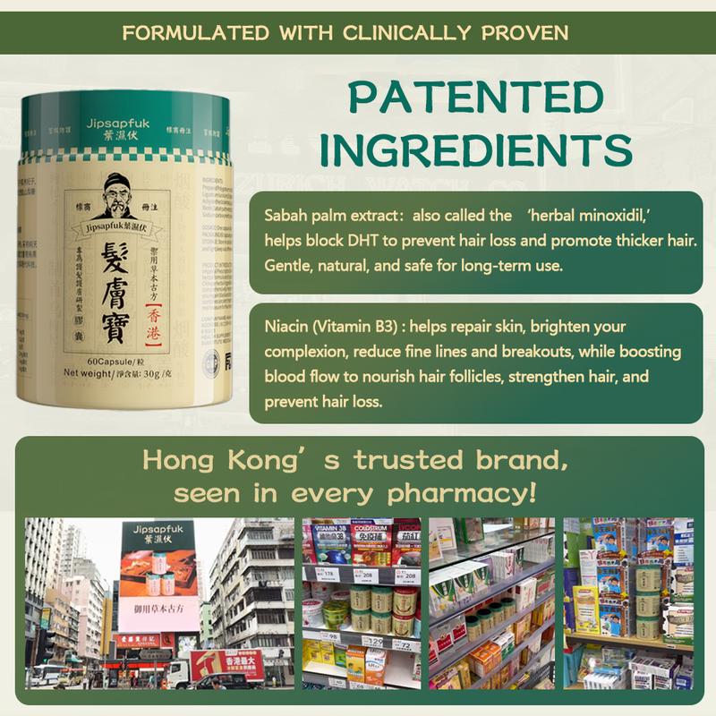 Jipsapfuk 24-in-1 Advanced Hair Growth Vitamins Biotin 10,000mcg Niacin Hong Kong Herbal Patent Blend He Shou Wu Extract Saw Palmetto 60 Day Supply