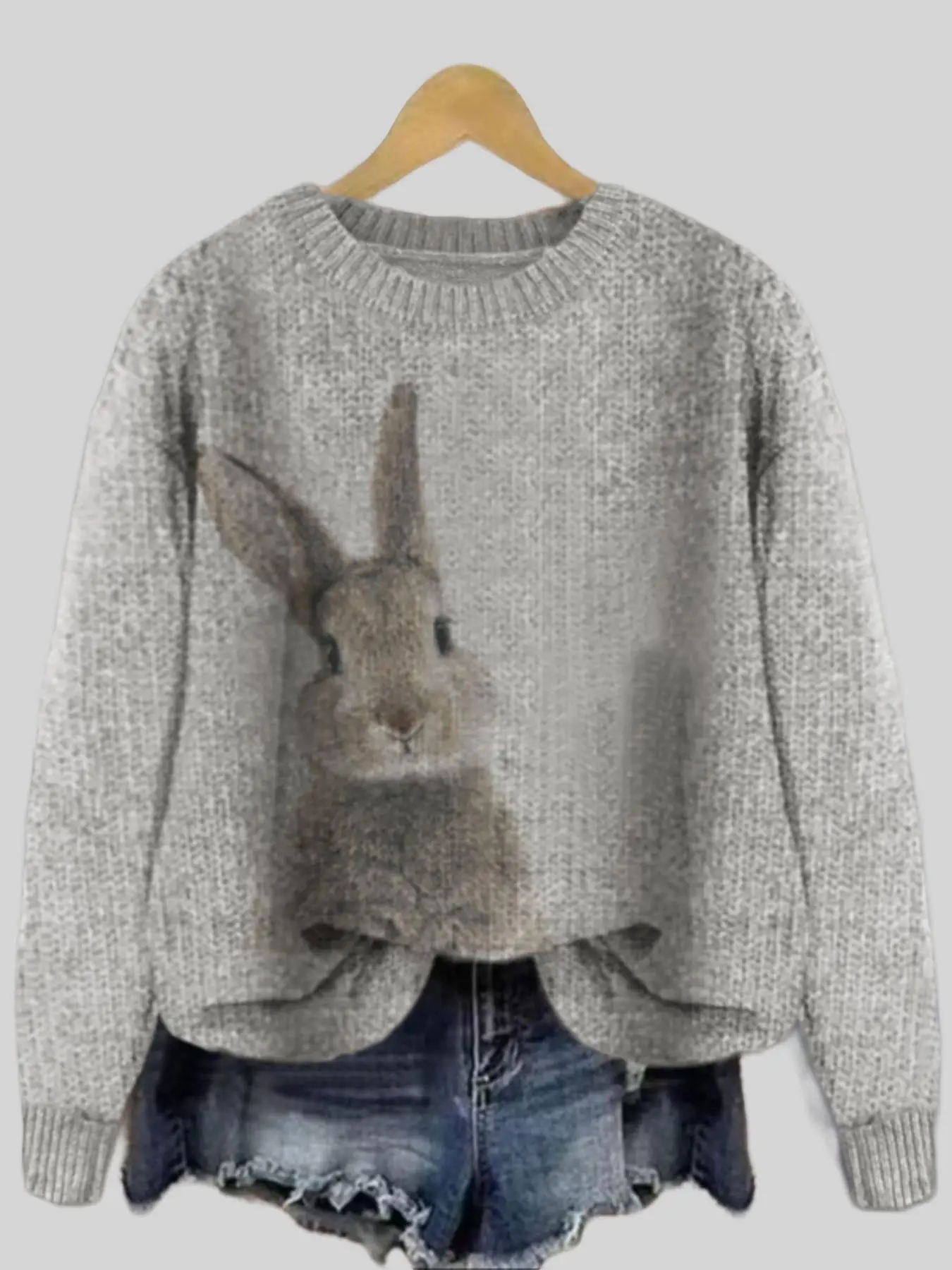 Women's Rabbit Print Drop Shoulder Crewneck Sweater, Casual Chic Long Sleeve Round Neck Jumper for Fall & Winter, Fashion Ladies' Knitwear for Daily W