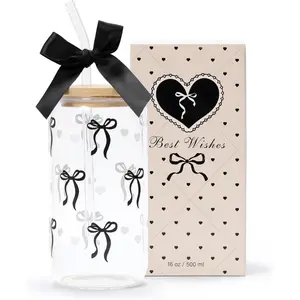 Black Bow Aesthetic Cup With  Box 16oz Glass Cup with  Straws and Black Bow Iced Coffee Smoothie Cute Tumbler with Cleaning Brush for Girls Bestfriend Sister Girlfriend