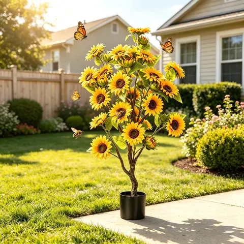 1Pcs Artificial Sunflower Tree with Pot, Tall Fake Sunflower Potted Plant, Large Faux Sunflower Floral Arrangement, Permanent No Maintenance Floor Decor for Living Room Entryway Home Farmhouse Indoor Outdoor Deco(fall decorating, fall home decor)