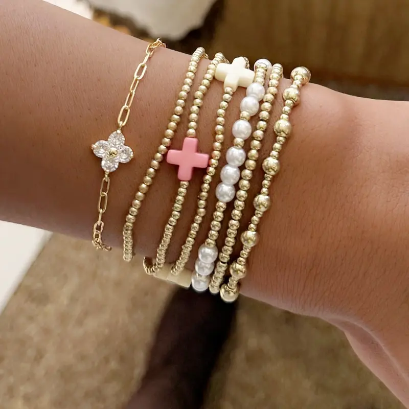 7-Piece Women's Stacking Layered Bracelet Set, Stackable Bracelet, Beaded Bracelet Set, Bead and Imitation Pearl, Cross and Artificial Zircon Four Leaf Clover Accessories, Jewelry Accessories, Stacked Design Bracelets