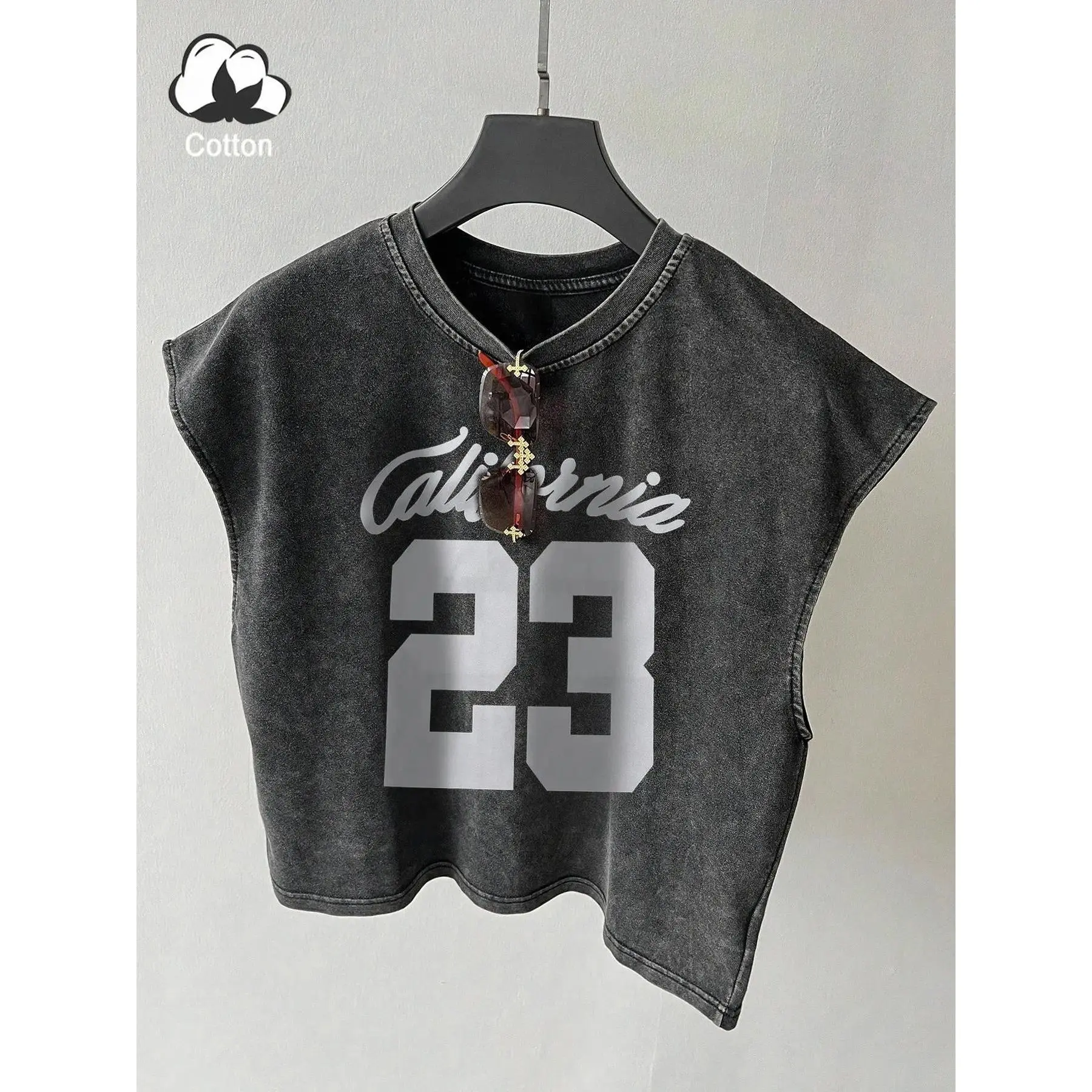 Men's Vintage Washed Cotton Breathable Loose 23 Culture Graphic Vest - Menswear Casual Top, Retro Street Style, Summer Daily Outdoor Streetwear