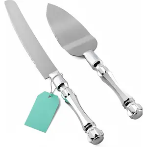 Cake Knife and Server Set, Cake Cutter and Pie Spatula, Cake Server and Knife Set with Acrylic Crystal Handles, Cake Cutting Set for Wedding Cake – 1.2mm Thick Blades, Birthdays, and Parties (Silver)