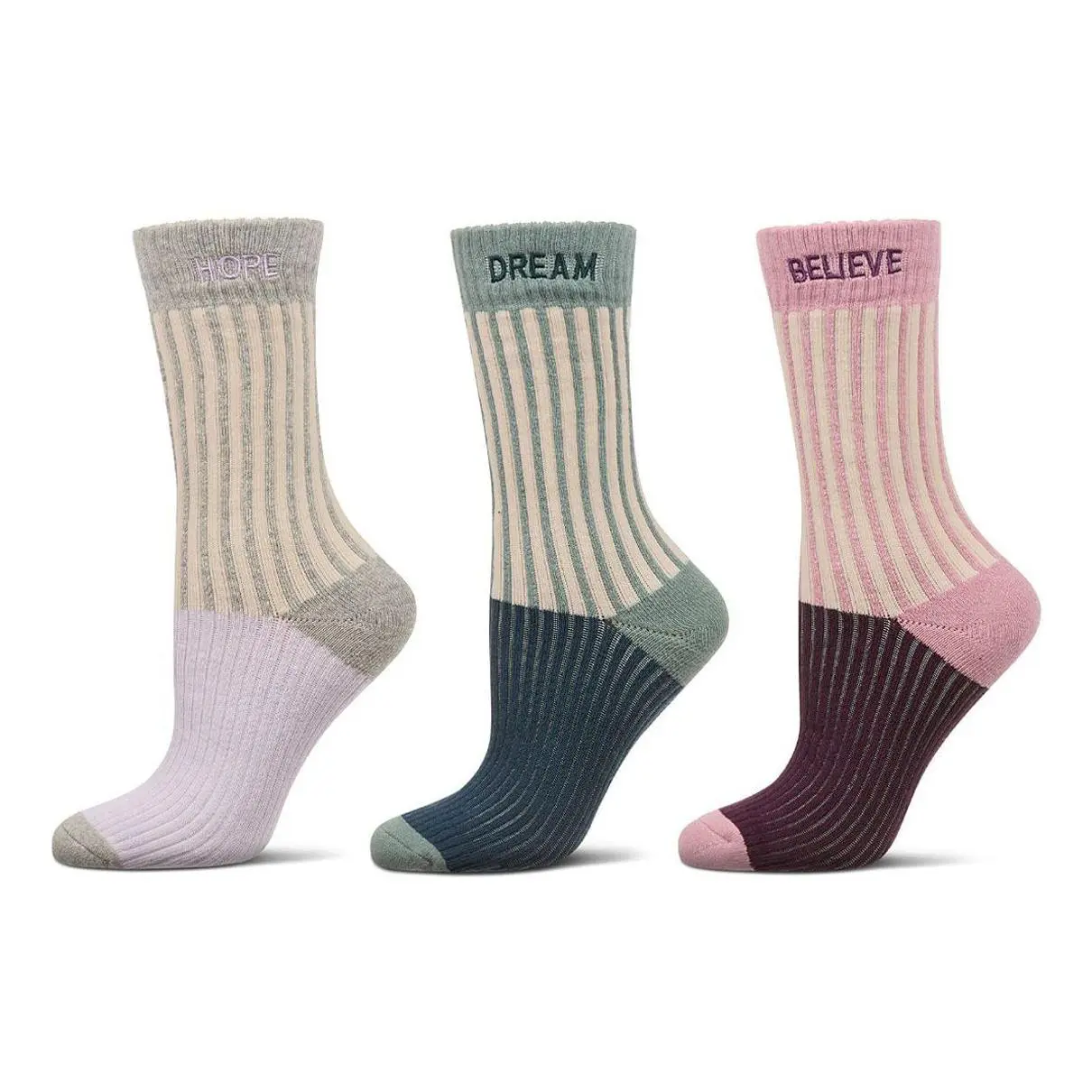 Memoi Women's Set of 3 Inspirational Cuff Ribbed Crew Socks