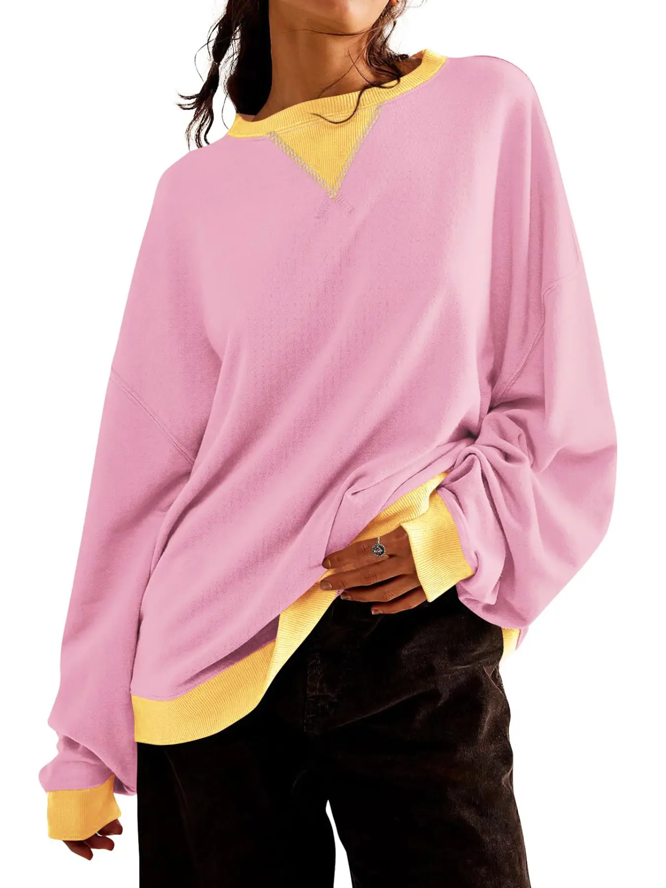 Aswulk Women Sweatshirts Oversized Long Sleeve Tops Casual Crewneck Colorblock Pullover Tunic Shirts
