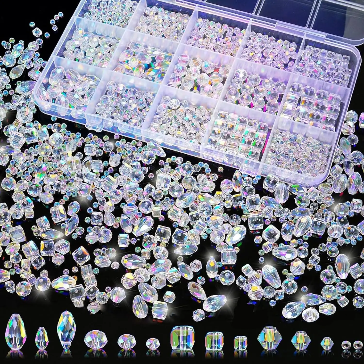 1500 Pcs Crystal Glass Bead Kit with Bicone Rondelle Cube and Teardrop Beads