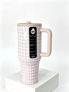 HydroJug 40oz Pink Gingham Tumbler Leak-Proof BPA-Free Stainless Steel Insulated Portable Washable Drinkware Flasks Stylish Mug for Coffee Tea