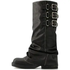 Fold Over Knee High Boots Slouch Boots for Women Chunky Goth Platform Boots,2 inch Heel Wide Calf Long Boots Square Toe Riding Boots