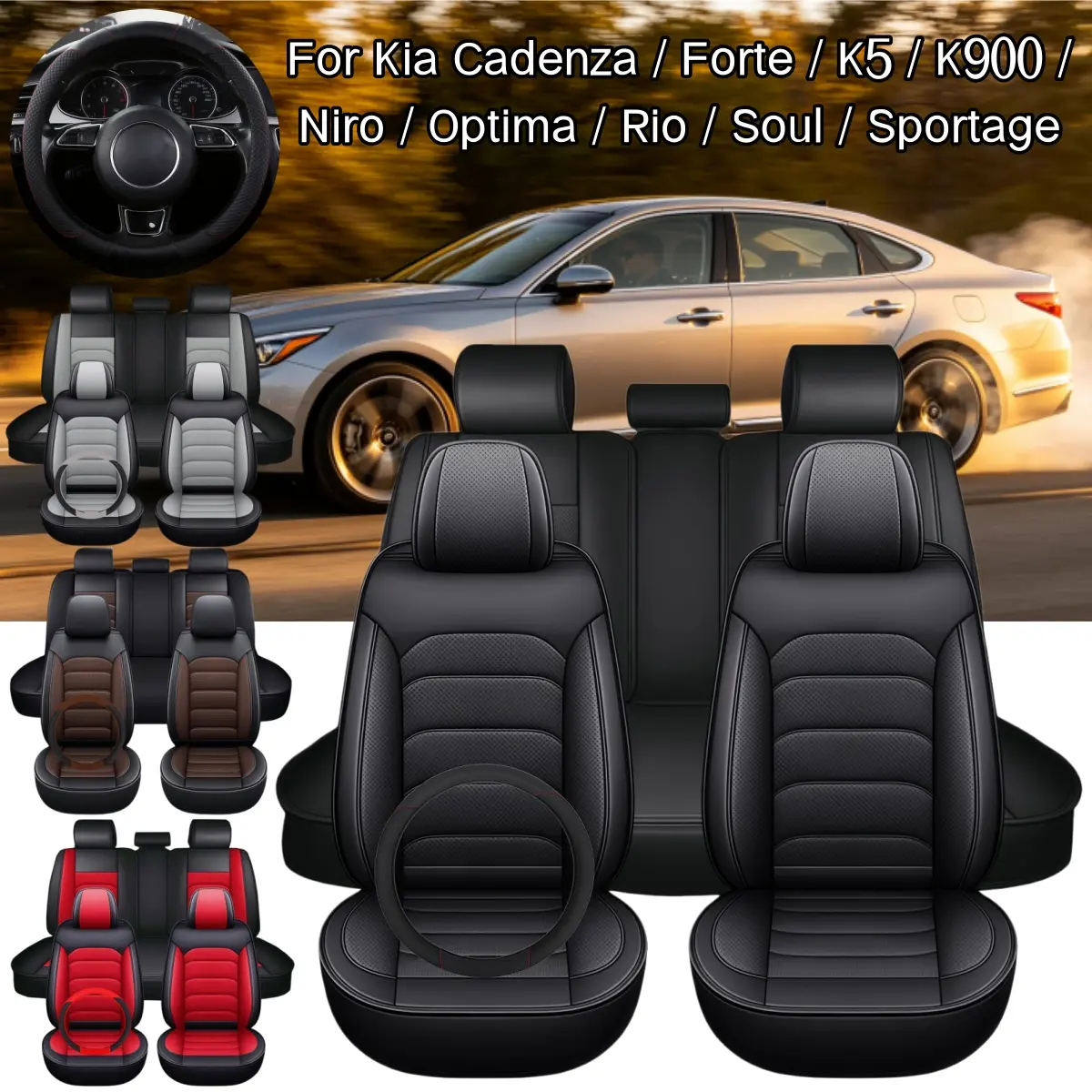 For Kia Cadenza / Forte / K5 / K900 / Niro / Optima / Rio / Soul / Sportage Car 5 Seat Covers with Steering wheel Cover & Storage Pockets Bag, Waterproof PU Leather Front Rear Cushion Mat Full Set