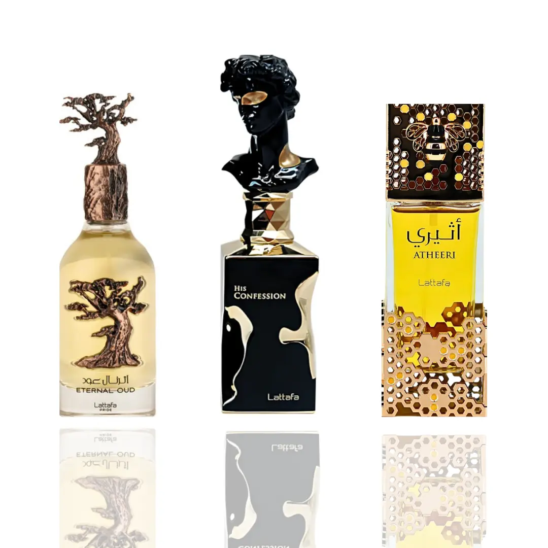 Lattafa Pre-Packed Unisex Fragrance Bundle Set - 3-Piece Oud Unisex Fragrance Ensemble with Eternal Oud, His Confession, Jasoor, Spicy-Floral & Floral-Woody Aroma