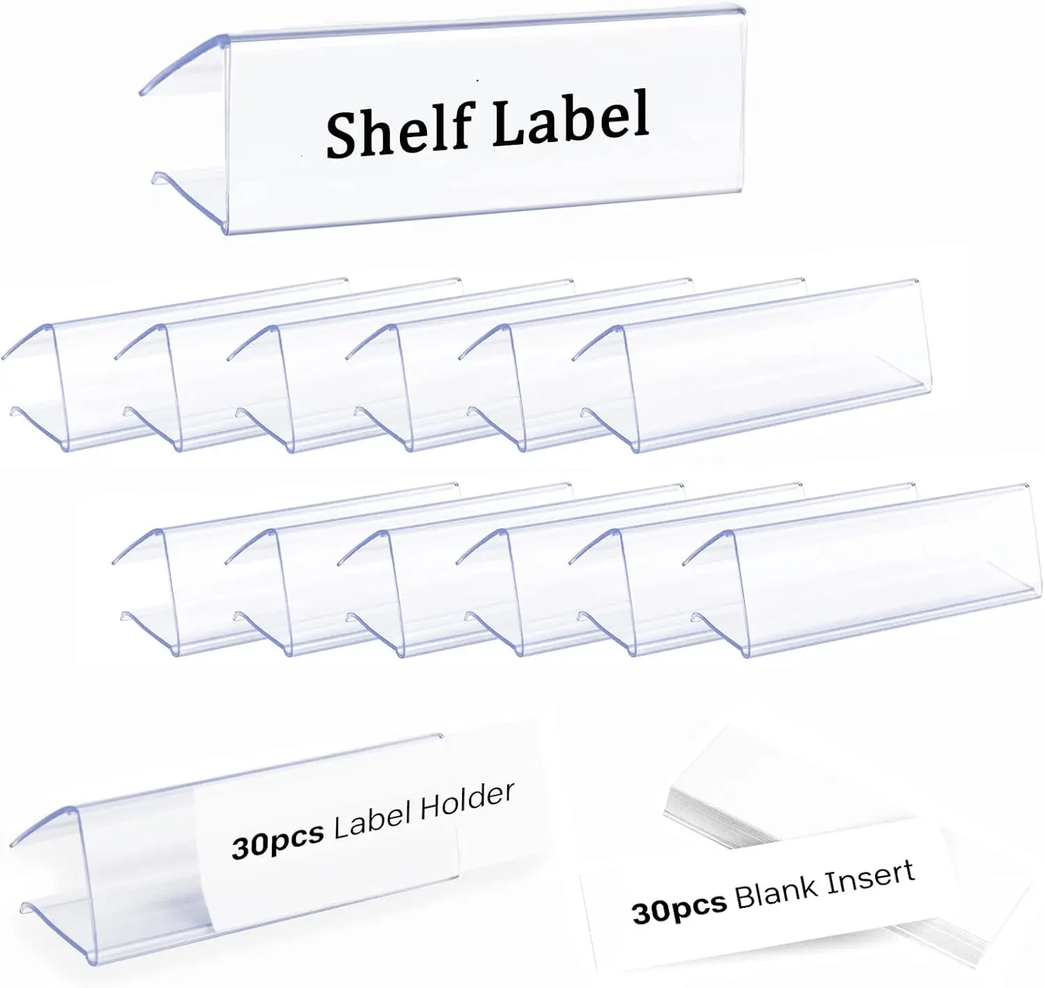 30pcs Plastic Shelf Label Holder, Clear Shelf Label Holder Wood Sign and Tag Ticket Label Holders Clips On to Shelves Thick Shelves with Matched Blank Inserts