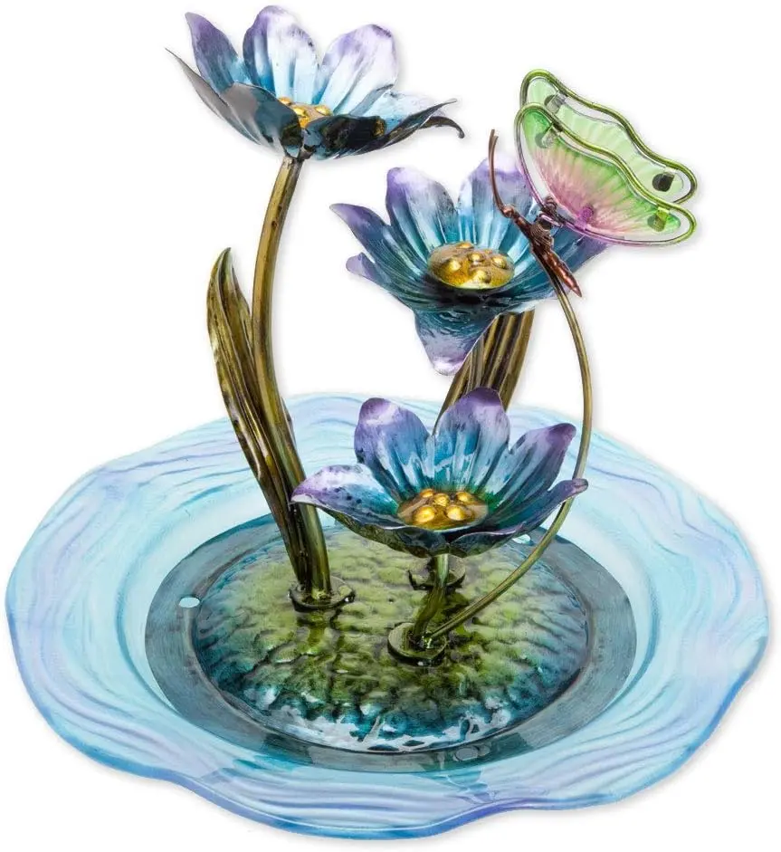 Iridescent Glass & Metal Butterfly Fountain Sculpture - Nature-Inspired Indoor Home Decor Accessory - Zen Water Feature - 12" Tall Multicolor Desk/Tabletop Metal Accent for Indoor Use, Water Fountain