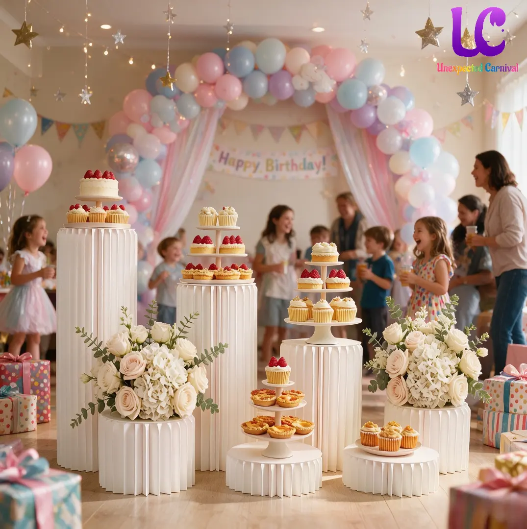 UNEXPECTED CARNIVAL Birthday Party Cake Stand Set - Foldable Paper Cylinder Pedestals with Cupcake Tier Display & Floral Base Pillars for Kids Birthday & Baby Shower Celebration Decor, Cake Stands For Party, Lightweight, Birthday Cake Decorations