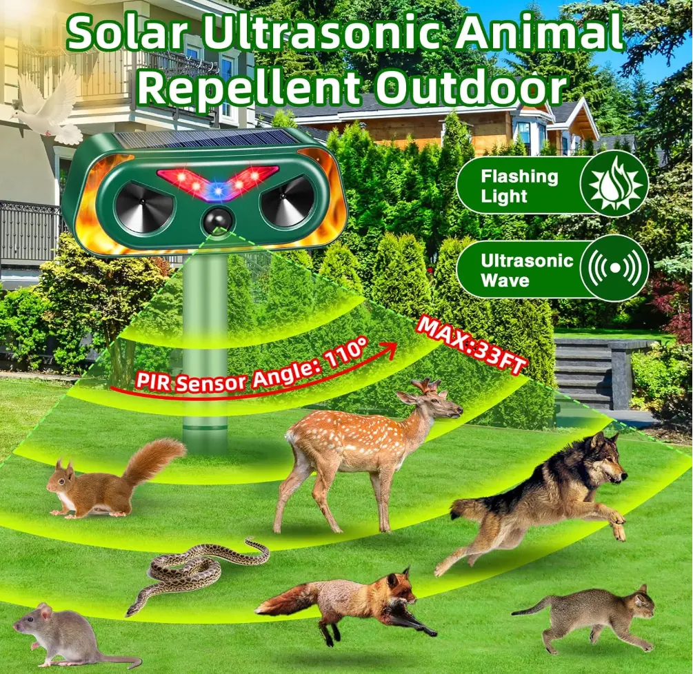 Solar Ultrasonic Flame Lamp Animal Repeller - 3-9M PIR Motion Sensor, IP66 Waterproof Outdoor Pest  for Yard, Garden Repels Squirrels, Deer, Birds, Rats, Weasels control